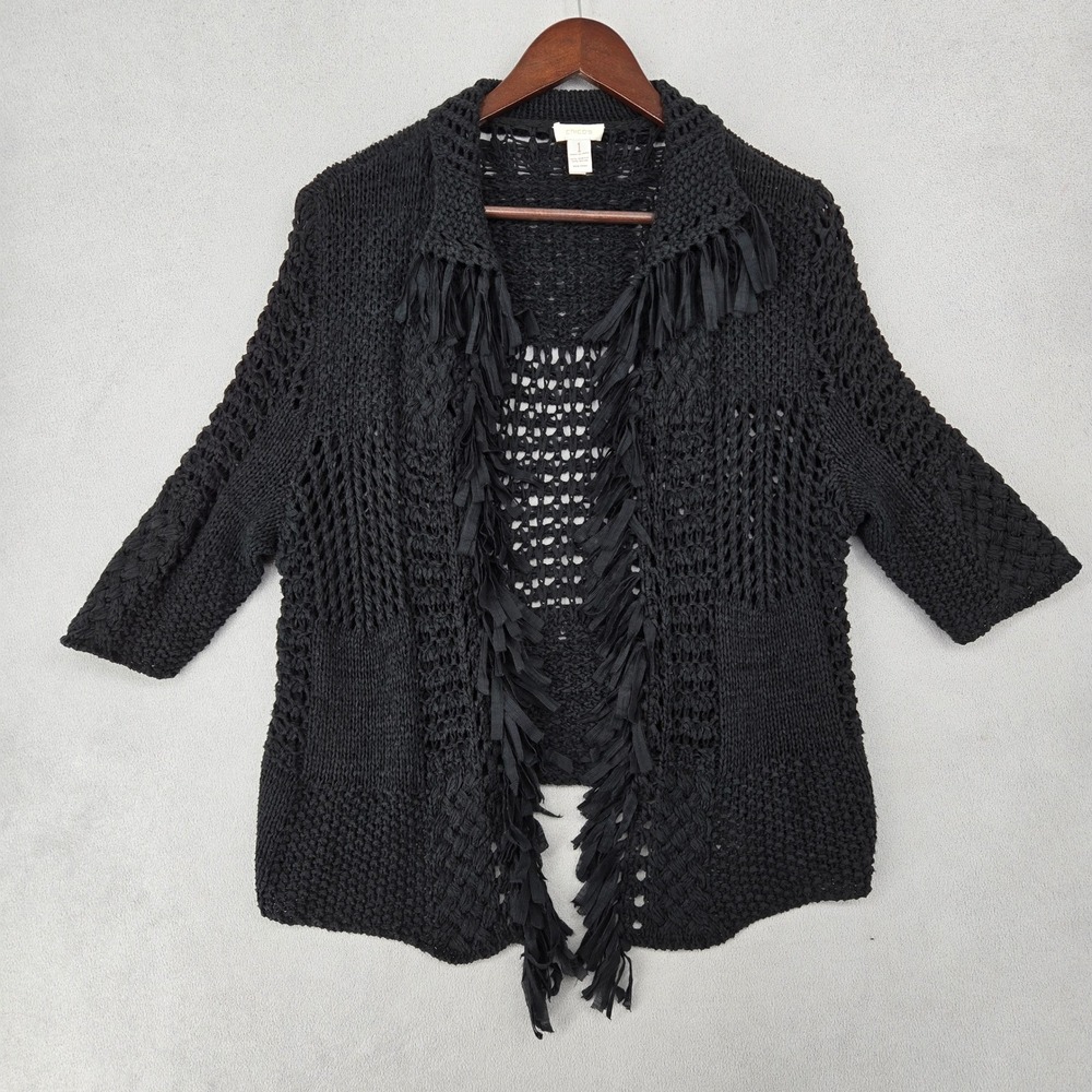 Chico's Womens Size 1 Black Fringe Open Front Mixed Knit Boho Cardigan Sweater